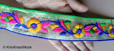 Indian Embroidered Sheer Trim In Yellow Floral Embroidery, Approx. 45mm Wide, Sari Border
